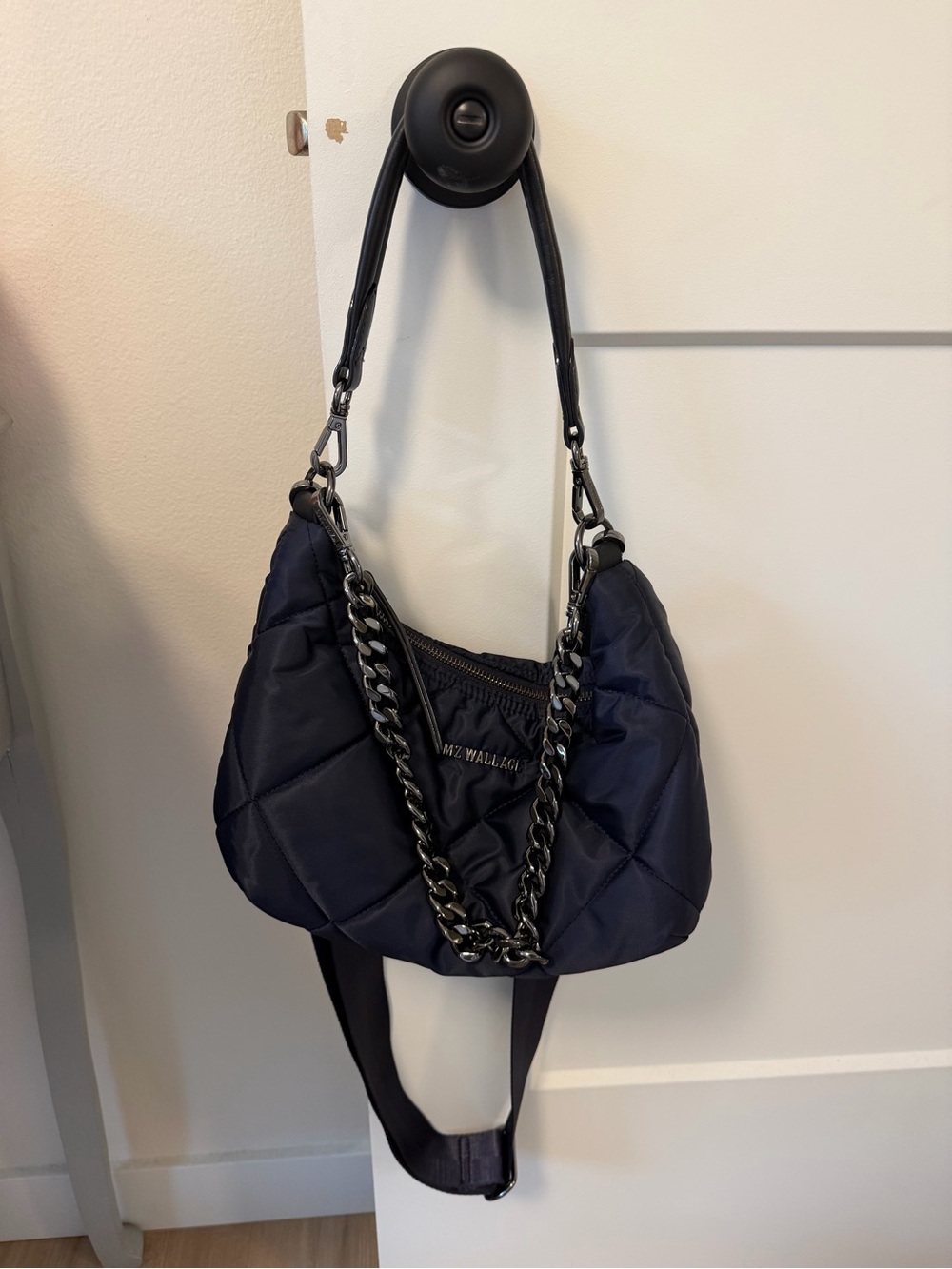 MZ Wallace Navy Quilted Shoulder Bag with Chain Detail